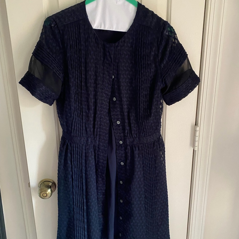 Banana Republic Navy Textured Midi Dress with Button Front